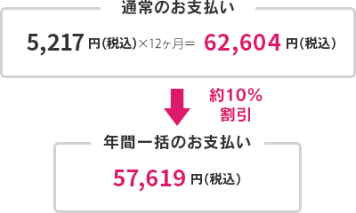 通常のお支払い4,743円(税抜)×12ヶ月＝56,916円(税抜)→約10%割引　年間一括のお支払い　52,381円(税抜)